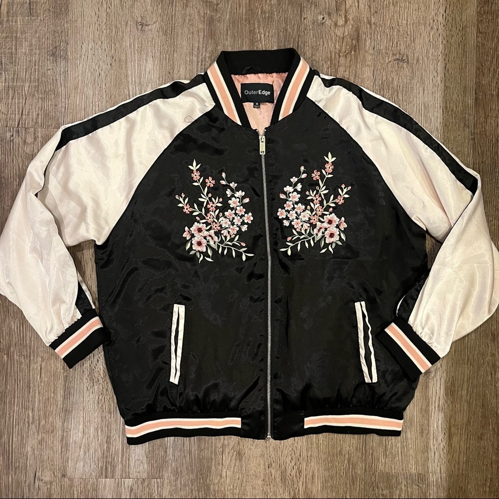 Outer Edge Floral Embroidered Black and Pink Bomber Jacket - 1X